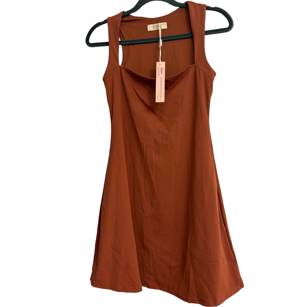 Qinsen Womens Active Exercise Dress Rust Brown Square Neck US 6 NEW Stretch